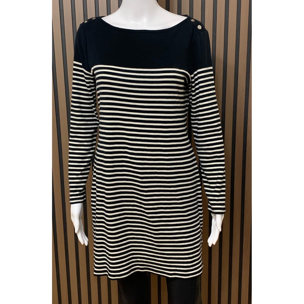 Lauren Ralph Lauren Striped Cotton Knit Boat Neck Button Shoulder Dress Navy L